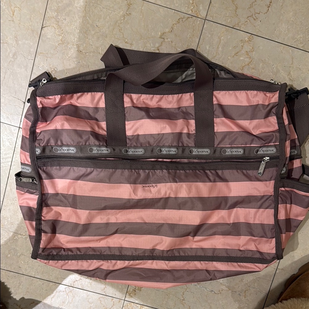 LeSportsac Pink and Brown Striped Weekender Bag large